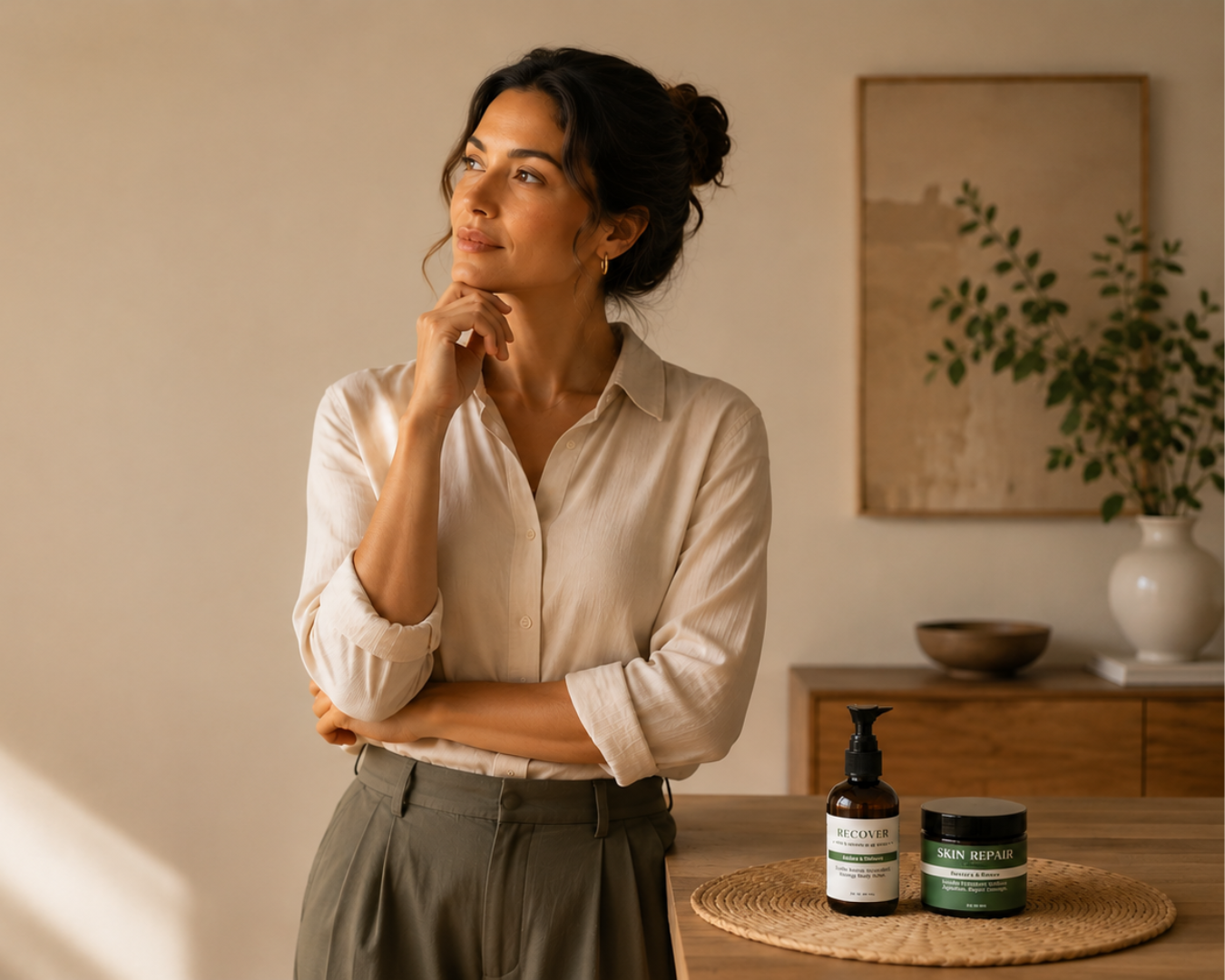 Adult Woman Contemplating something Warm Minimalist Skincare Moment